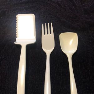 Vintage Set of 3 Unmatched Melamine Long-Handled White Kitchen Utensils